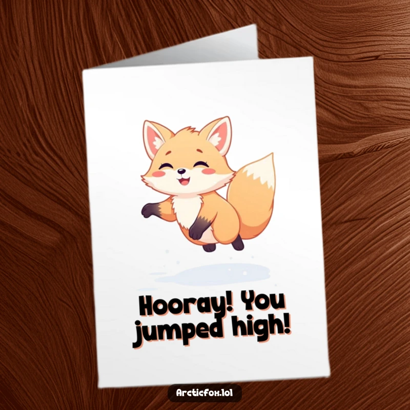 Free printable congratulations card featuring a kawaii arctic fox performing a happy, energetic jump in pristine snow.