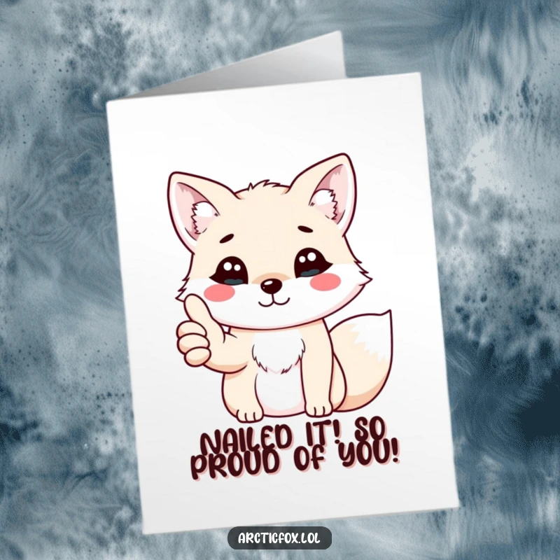 Funny Free Printable Congrats Card: A kawaii arctic fox gives a cheerful thumbs up with its paw, celebrating achievements.
