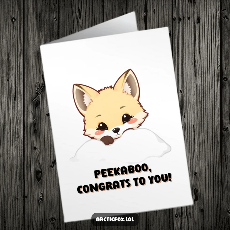 Cute Free Printable Congratulations Card: A kawaii Arctic fox with curious eyes peeking from behind a snowy drift, whimsical.
