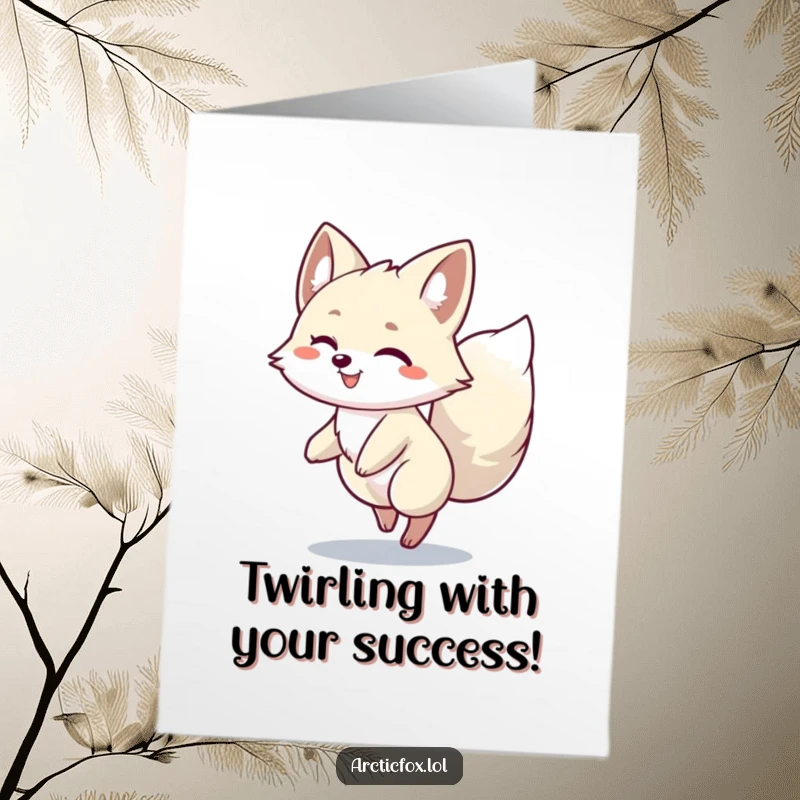 Free Printable Congratulations Card: An Arctic fox character doing a delightful happy spin, tail wagging with excitement.