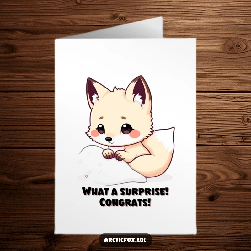 Funny Free Printable Congrats Card featuring a kawaii arctic fox peeking from a snowy drift, ears perked, ready to celebrate.