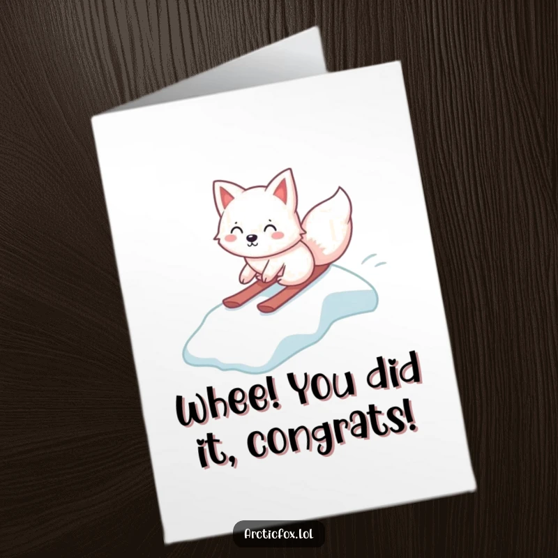 Funny Free Printable Congrats Card featuring a kawaii arctic fox gleefully sliding down an icy slope, celebrating a victory.