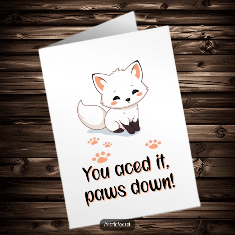 Funny Free Printable Congratulations Card: Cute Arctic fox leaving playful paw prints in snow, celebrating achievements.