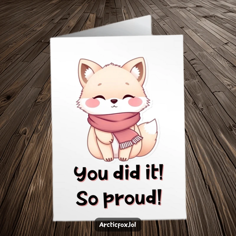 Funny Free Printable Congratulations Card featuring a chubby arctic fox wrapped in a scarf, exuding cozy vibes.