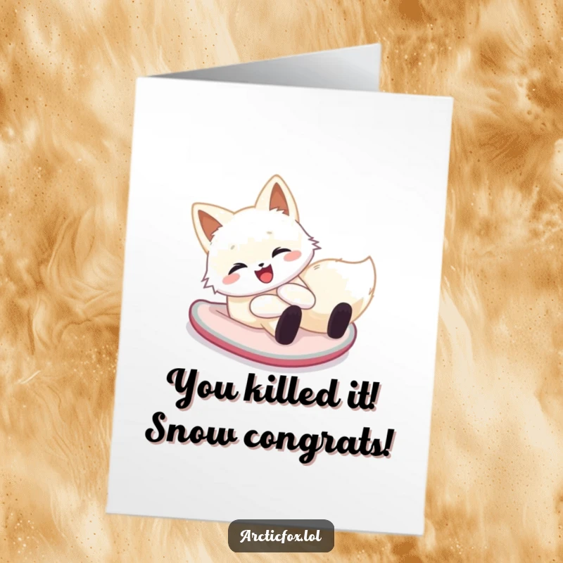 Funny Free Printable Congratulations Card: Happy arctic fox sliding down a snowy hill on its belly.