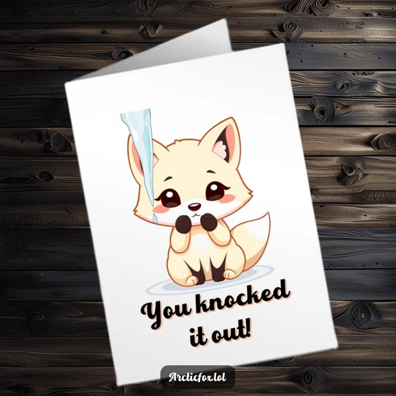 Funny Free Printable Congratulations Card showing an arctic fox playfully swatting at a glistening icicle.