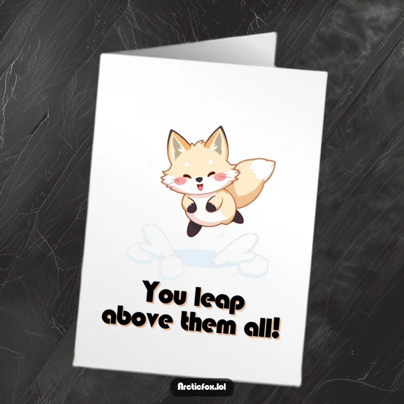 Funny Free Printable Congratulations Card: Arctic fox leaping joyfully through snow, celebrating success.