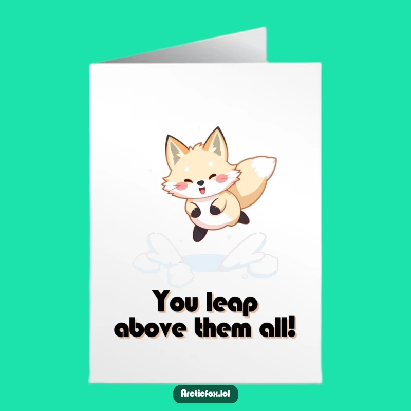 Free Printable Congrats Card: Arctic Fox Leaping for Your Triumphant Achievement