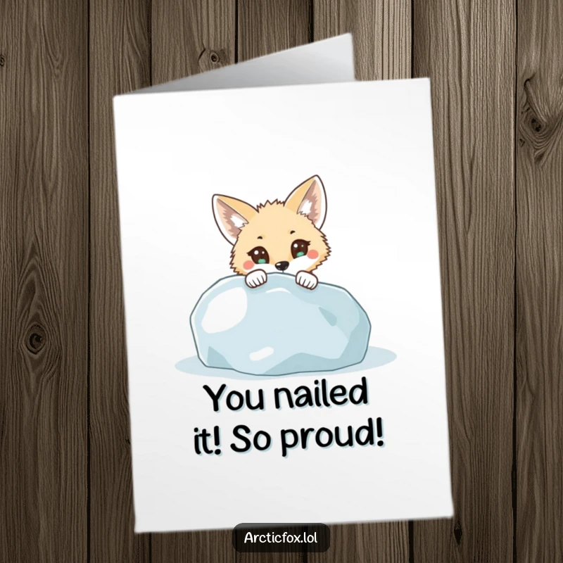 Funny Free Printable Congratulations Card: Wide-eyed arctic fox curiously peeking from behind a giant icy rock.