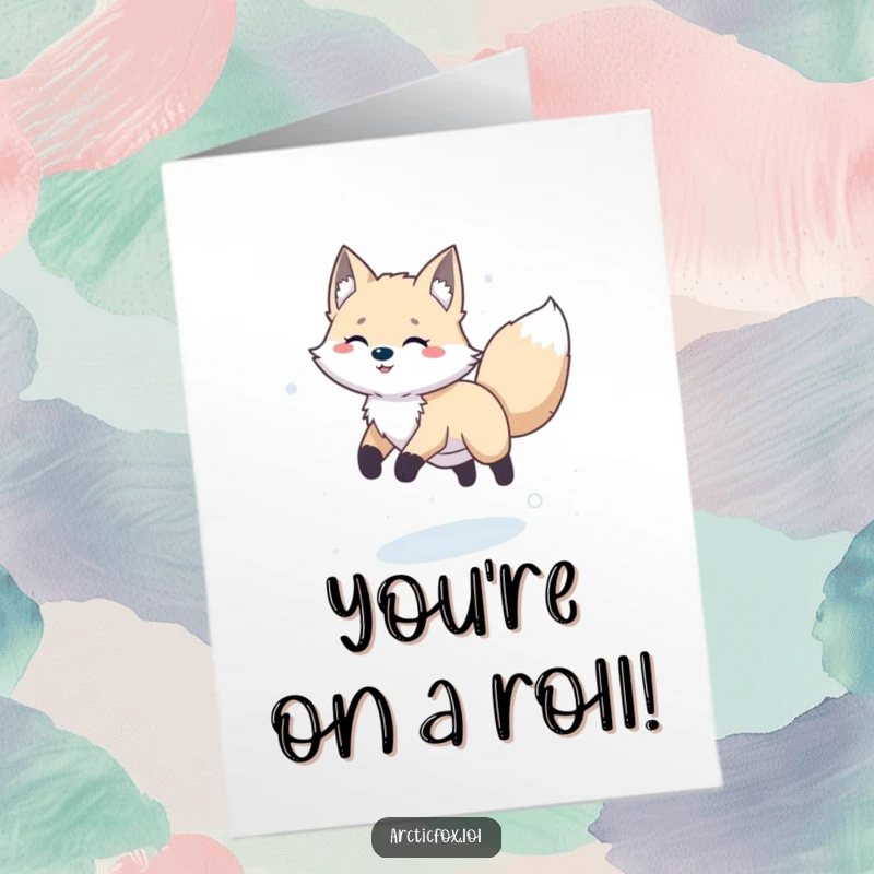 Funny Free Printable Congratulations Card depicting a happy arctic fox mid-leap through the snow, full of energy.