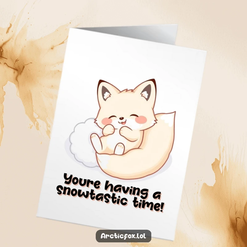 Free Printable Congrats Card: Arctic fox joyfully tumbling and rolling in a mound of soft, fluffy snow.