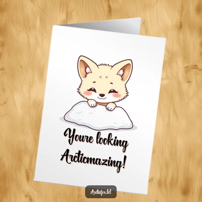 Funny Free Printable Congrats Card: Smiling arctic fox with a friendly face peeking from behind snow.