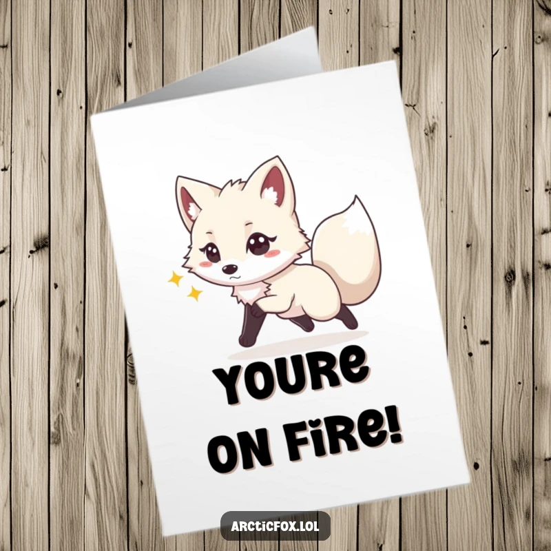 Funny Free Printable Congrats Card: Arctic fox with a playful spark chasing its tail in celebration.