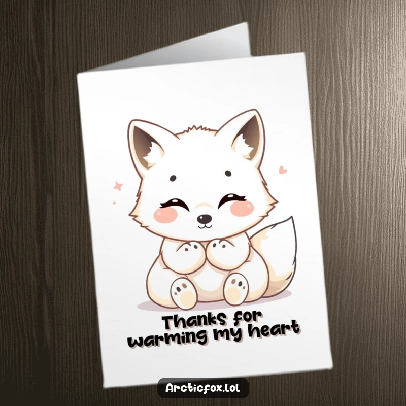 Funny Free Printable Thank You Card: Arctic fox radiating warmth, paws tucked, a truly cozy way to express gratitude.