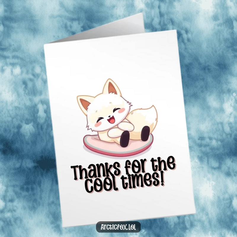 Funny Free Printable Thank You Card: Happy arctic fox sliding down a snowy hill on its belly.