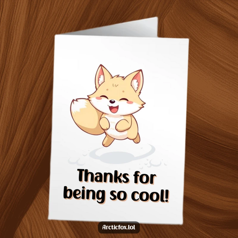 Funny Free Printable Thank You Card: Kawaii arctic fox leaping joyfully through snow, ears perked.