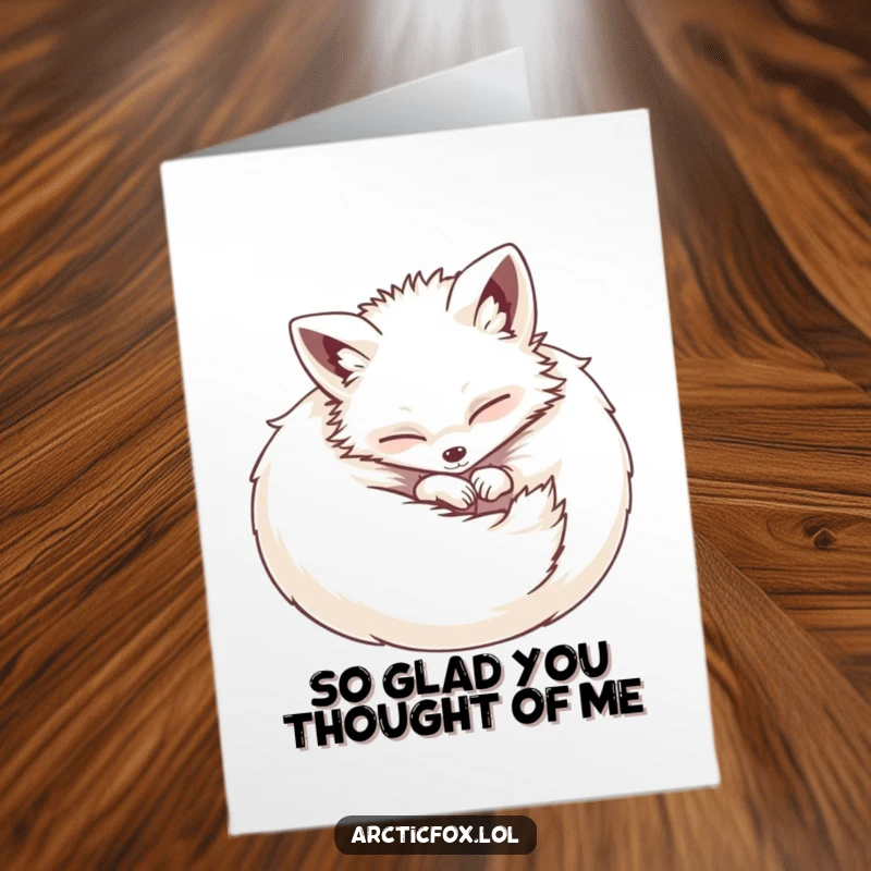 Funny Free Printable Thank You Card: Happy arctic fox curling into a fluffy, contented ball expressing gratitude.