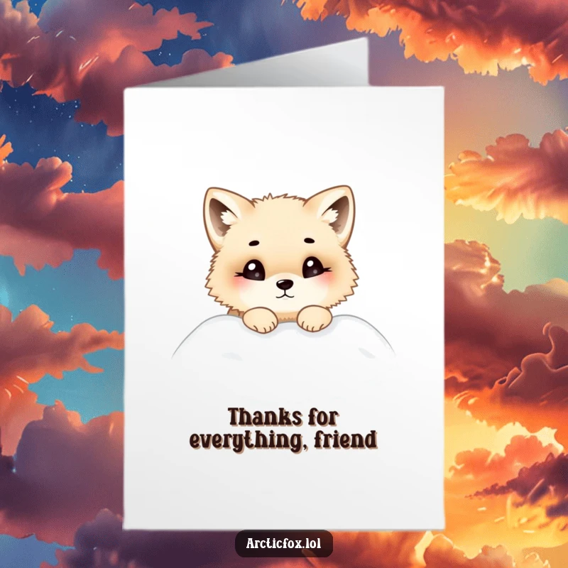 Funny Free Printable Thank You Card: Chubby arctic fox peering curiously out of a snowdrift to say thank you.