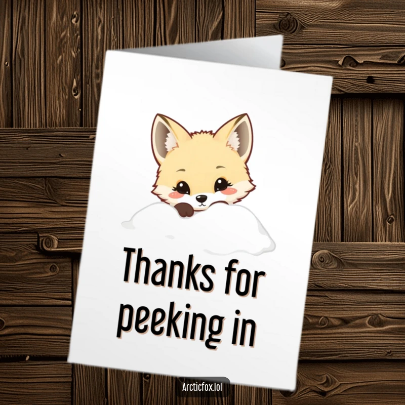 Cute Free Printable Thank You Card: A kawaii Arctic fox curiously peeking from behind a snowdrift, a sweet thank you.