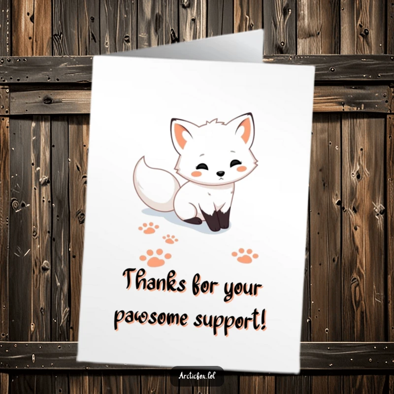 Funny Free Printable Thank You Card: Cute Arctic fox leaving playful paw prints in snow, showing gratitude.