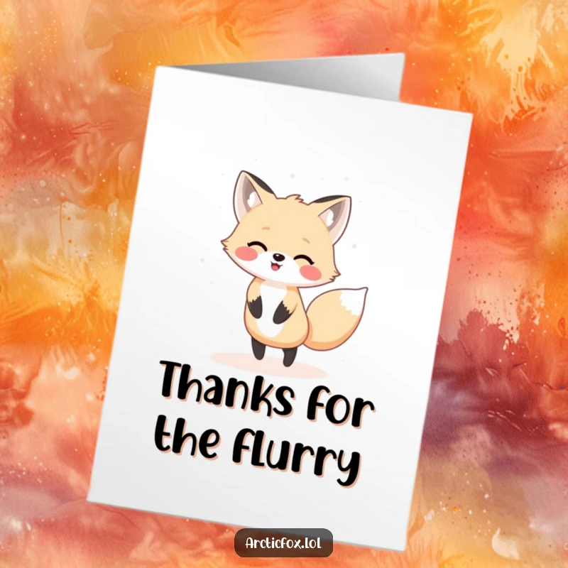 Cute Free Printable Thank You Card with a happy Kawaii arctic fox dancing merrily in a gentle, swirling snow flurry.