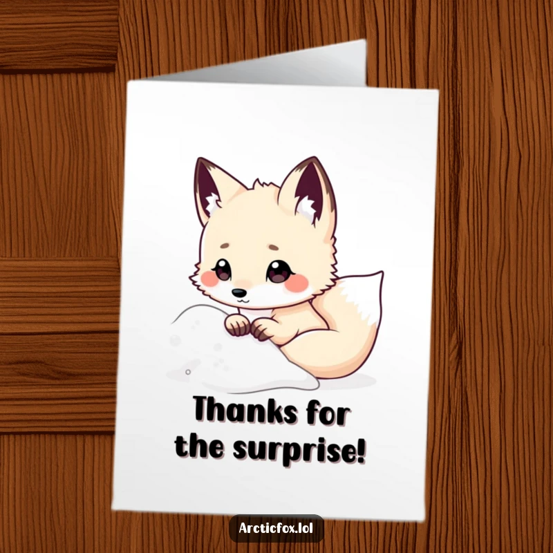 Funny Free Printable Thank You Card: A kawaii arctic fox peeks from a snowy drift, ears perked, conveying a shy thank you.