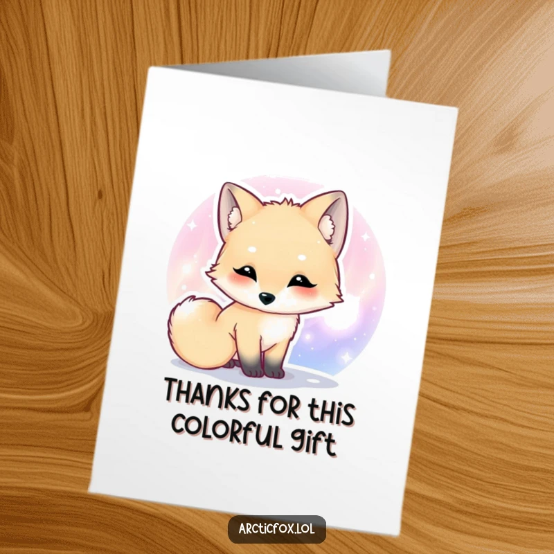 Funny Free Printable Thank You Card: A kawaii arctic fox curiously sniffs the magical lights of a colorful aurora.