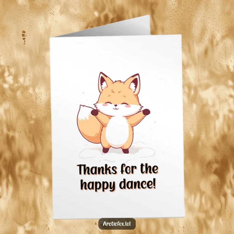 Funny Free Printable Thank You Card: A fluffy fox does a silly dance in the snow pile, a delightful way to say thanks.
