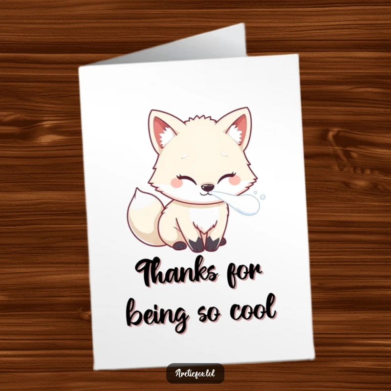 Funny Free Printable Thank You Card: Cute arctic fox blowing a tiny frosty mist puff, a sweet thank you.