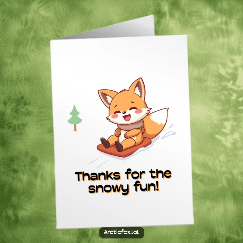 Funny Free Printable Thank You Card: A playful fox giggles as it slides down a snowy hill, expressing thanks with pure joy.