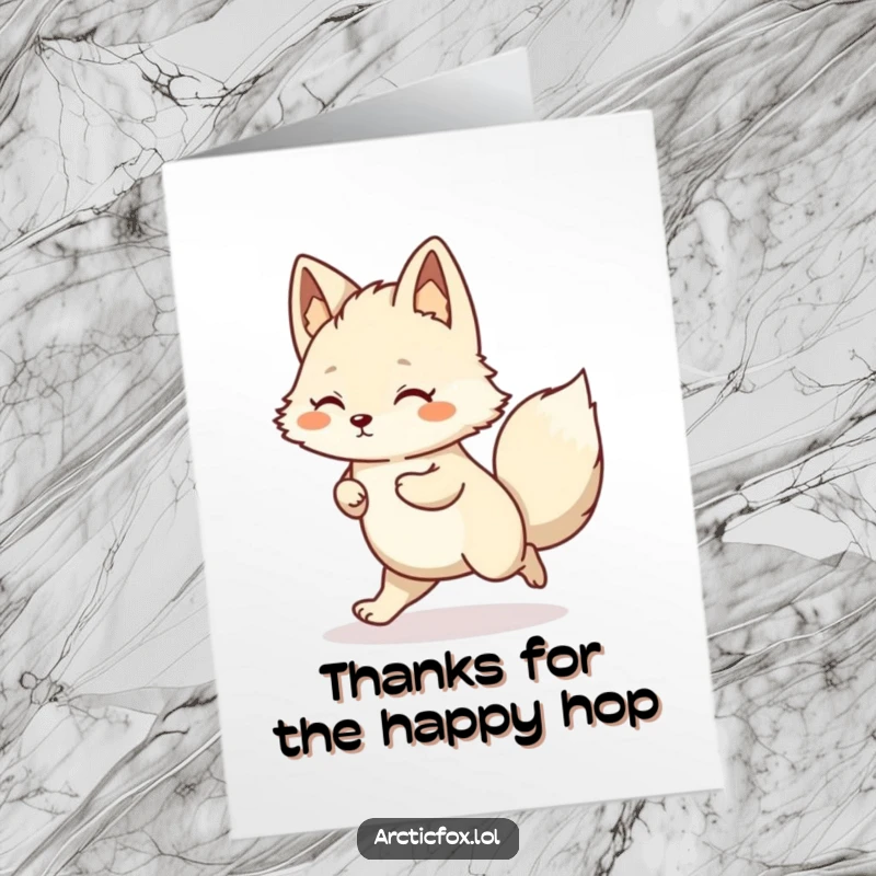 Funny Free Printable Thank You Card: A cheerful kawaii arctic fox doing a happy little hop, expressing thanks.