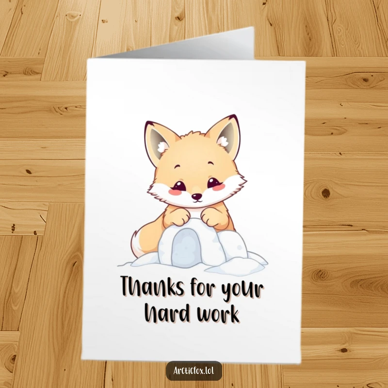 Funny Free Printable Thank You Card showcasing a kawaii arctic fox carefully constructing a miniature snow fort.