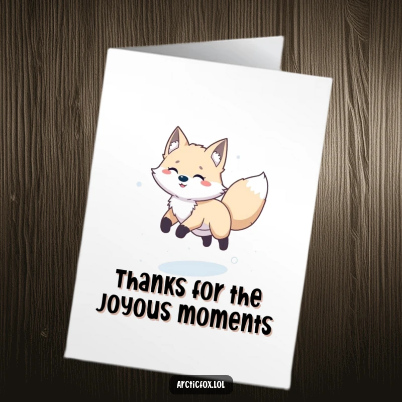 Funny Free Printable Thank You Card of a happy arctic fox in a playful leap, surrounded by snow.
