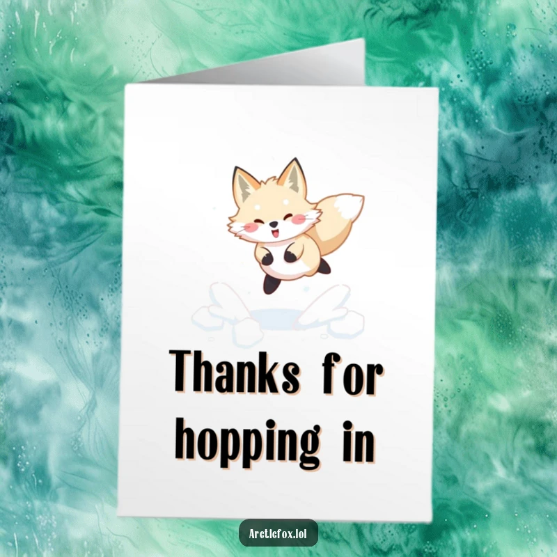 Funny Free Printable Thank You Card: Arctic fox leaping joyfully through snow, conveying thanks.