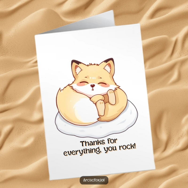 Funny Free Printable Thank You Card: Arctic fox rolling in snow, a delightful way to say thanks with a giggle.