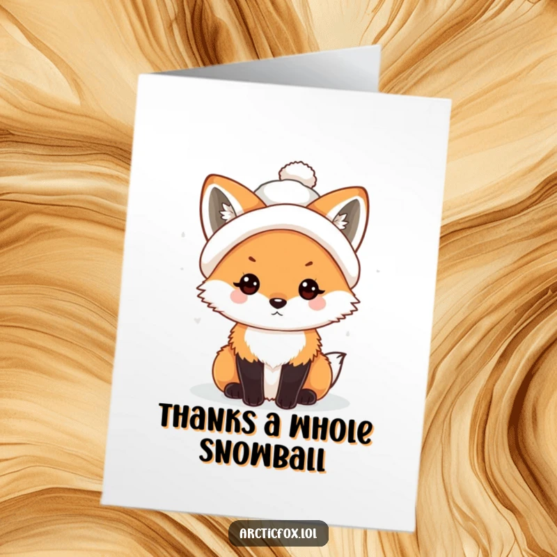 Funny Free Printable Thank You Card: A kawaii arctic fox wearing a tiny, crooked snowball hat, sending thanks.
