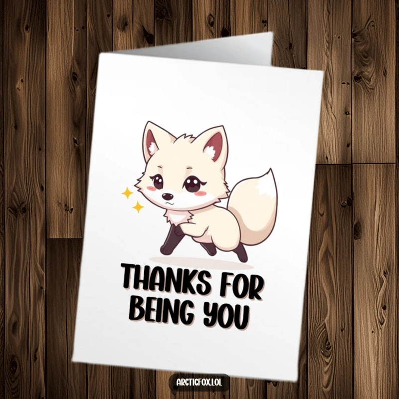 Funny Free Printable Thank You Card: Arctic fox with a playful spark chasing its tail to say thank you.