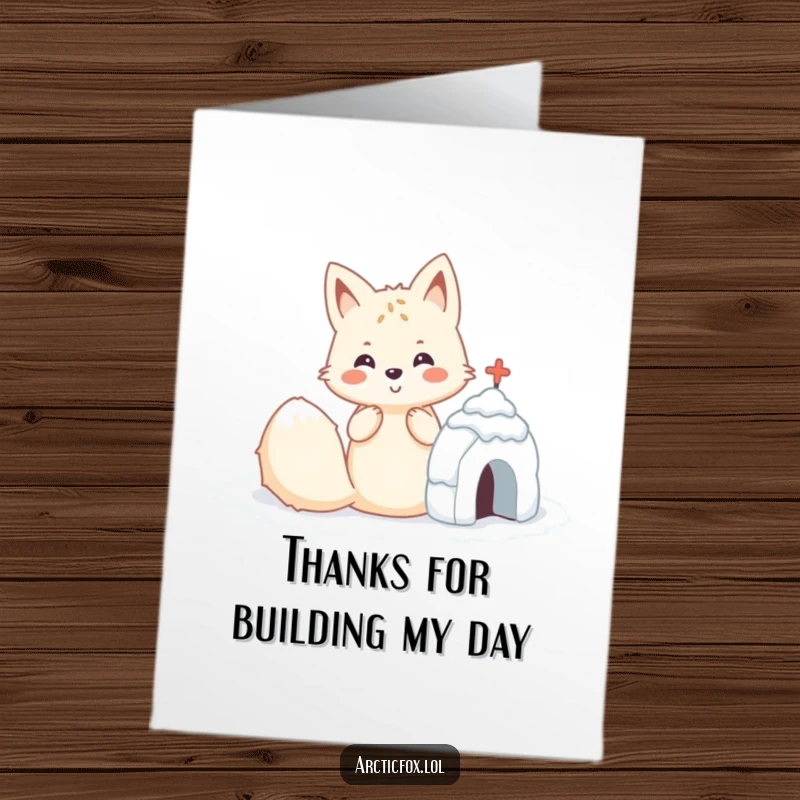 Cute Free Printable Thank You Card with a cheerful Kawaii arctic fox focused on building a miniature, meticulously crafted snow fort.