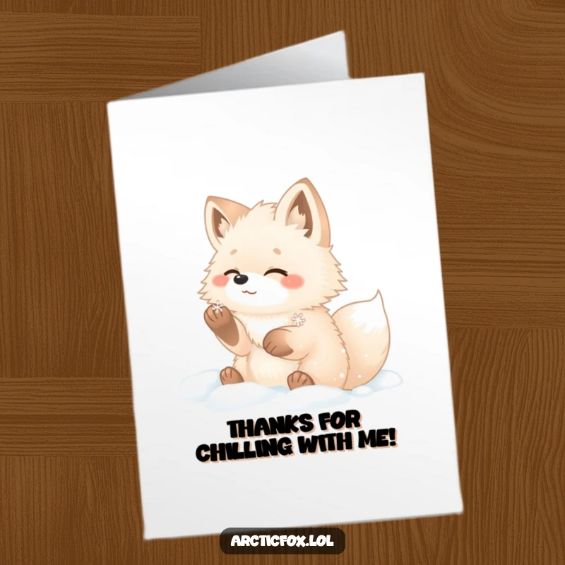 Funny free printable arctic fox thank you card, a happy fox playing in the snow and catching snowflakes.