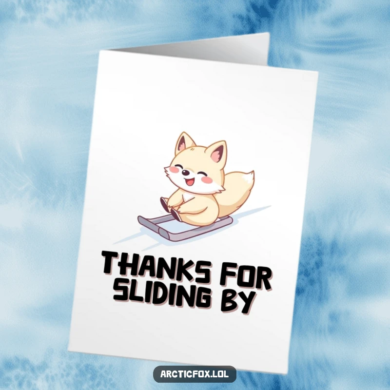 Fun Free Printable Thank You Card: A cute Arctic fox gleefully sliding down a snowy slope, a joyful thank you.