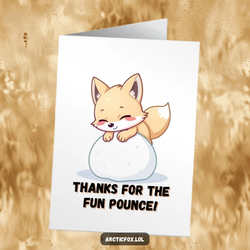 Funny Free Printable Thank You Card: Playful arctic fox pouncing with delight on a ball of soft snow.