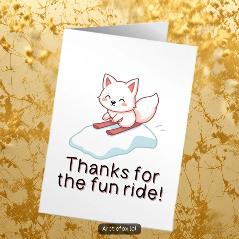 Funny Free Printable Thank You Card: A cute kawaii arctic fox slides gleefully down an icy slope, bringing a smile with thanks.
