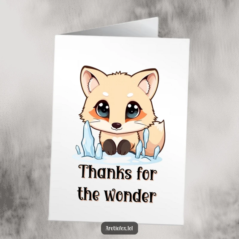 Funny Free Printable Thank You Card: Arctic Fox with wide, curious eyes, looking up thoughtfully, sending thanks.