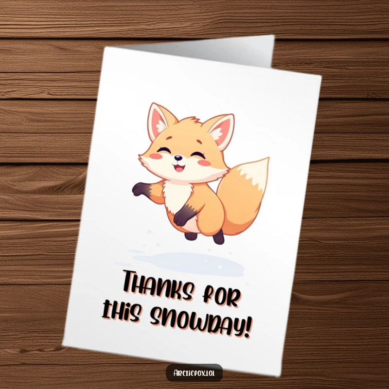 Funny free printable thank you card of a kawaii arctic fox doing a gleeful jump in the fresh snow.
