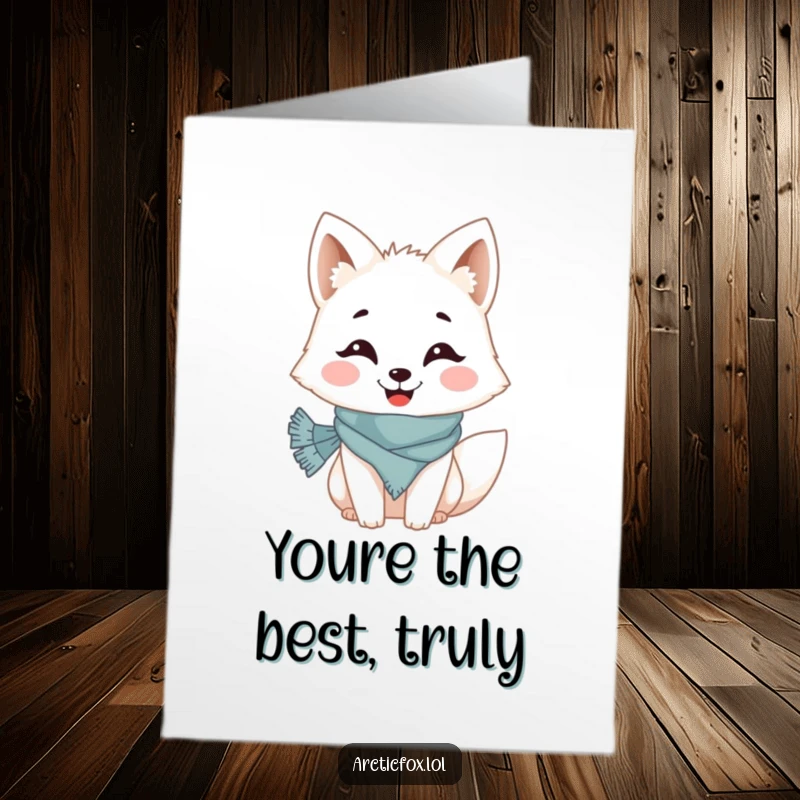 Funny Free Printable Thank You Card: Arctic fox with a cheerful grin wearing a tiny scarf saying thanks.