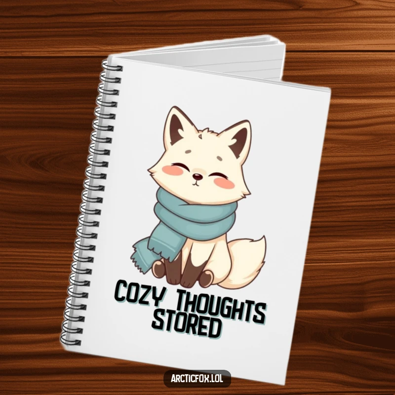 Funny Arctic fox notebook, contentedly wrapped in scarf, cozy for notes, encouraging comfort, a perfect funny gift.