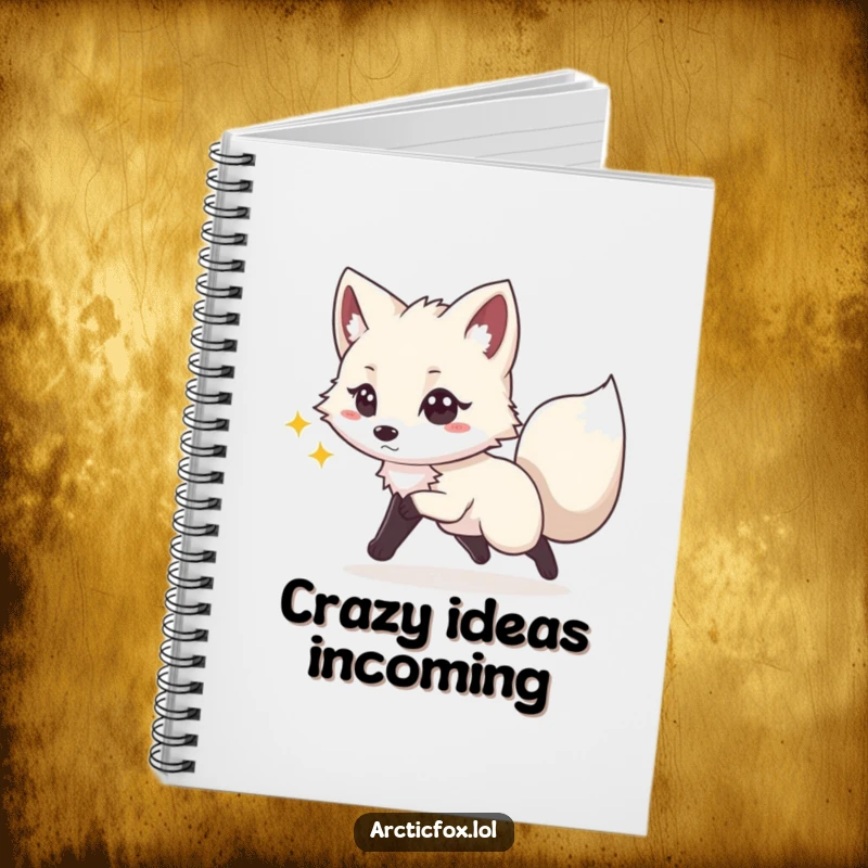 Funny notebook cover with a playful Arctic fox energetically chasing its tail, inspiring fun thoughts and creative writing.