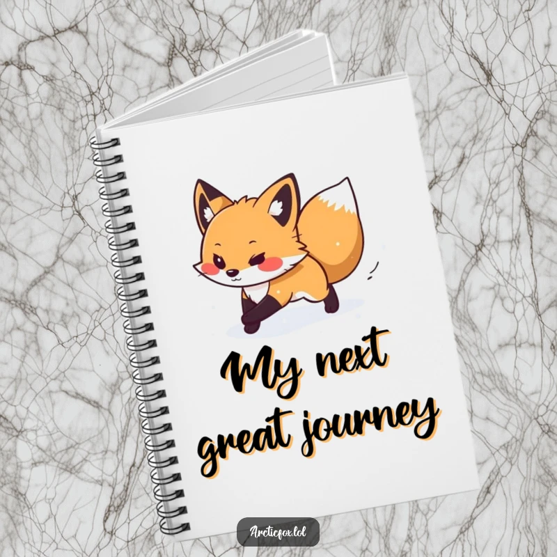 Funny notebook cover showcasing a determined arctic fox bravely navigating a gentle snow flurry, ready for any challenge.