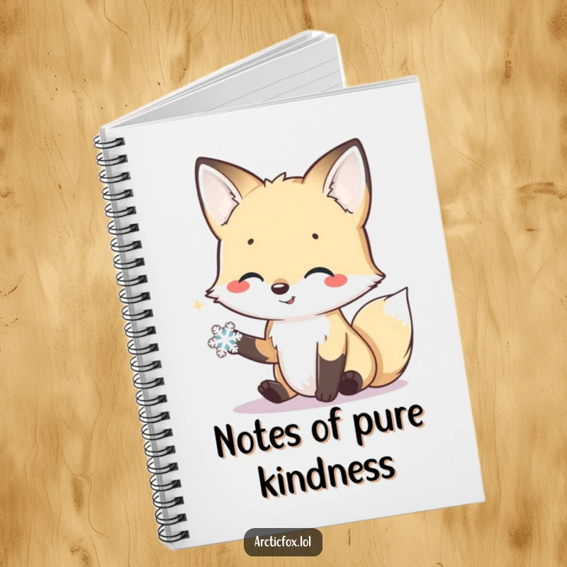 Funny notebook cover featuring a smiling arctic fox extending a friendly paw to a tiny snowflake, symbolizing connection.