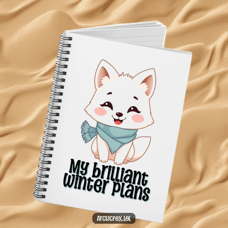 Funny notebook cover featuring a cute Arctic fox with a wide grin and wearing a small, cozy scarf, ideal for writing and drawing.
